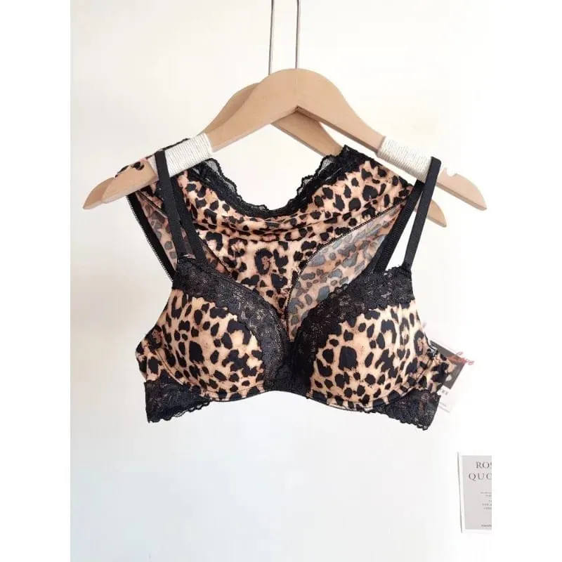 Women Sexy Leopard Print Lingerie Set Wireless Invisible Push Up for Small Breasts Adjustable A To C Cup sheer Lace Pure Style