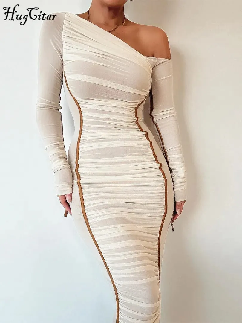 Hugcitar Mesh Pevný Diagonální límec Dlouhý rukáv Přehozený Sexy průsvitné bodycon Maxi šaty Letní móda Oblečení Festival Club