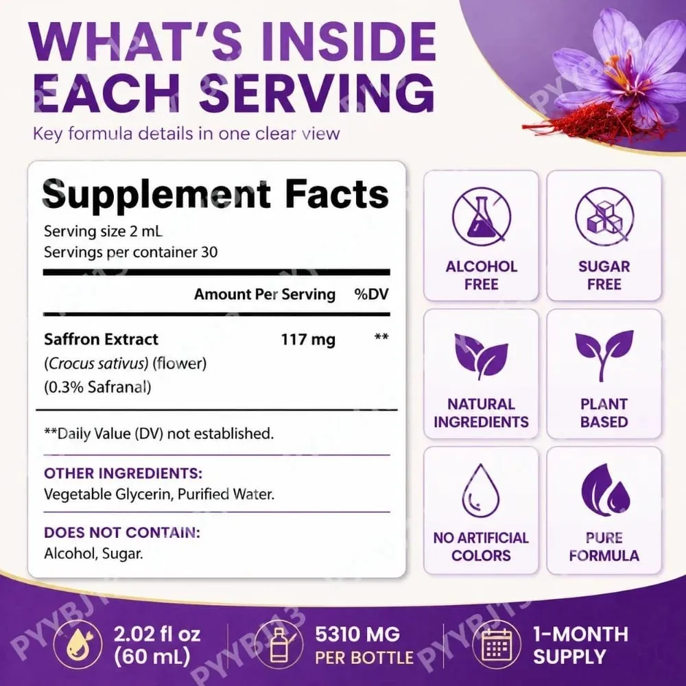 Saffron Extract Liquid Drops 117mg per Serving for Antioxidant Balanced Mood Healthy Sleep & Premenstrual Comfort Support 60ML