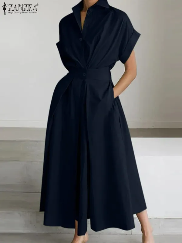 Women Summer OL Work Dress ZANZEA Elegant Short Sleeve Office Sundress Casual Solid A Line Buttons Holiday Vestidos Kaftan Robe