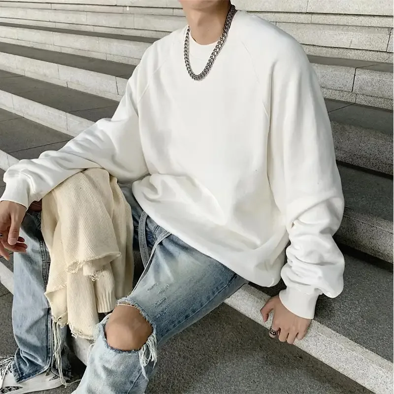600g Men's 100% Cotton Oversized Sweatshirt for Winter Solid Beige Batwing Sleeve Heavyweight Fleece Crew Neck Thermal Hoodies — image 4