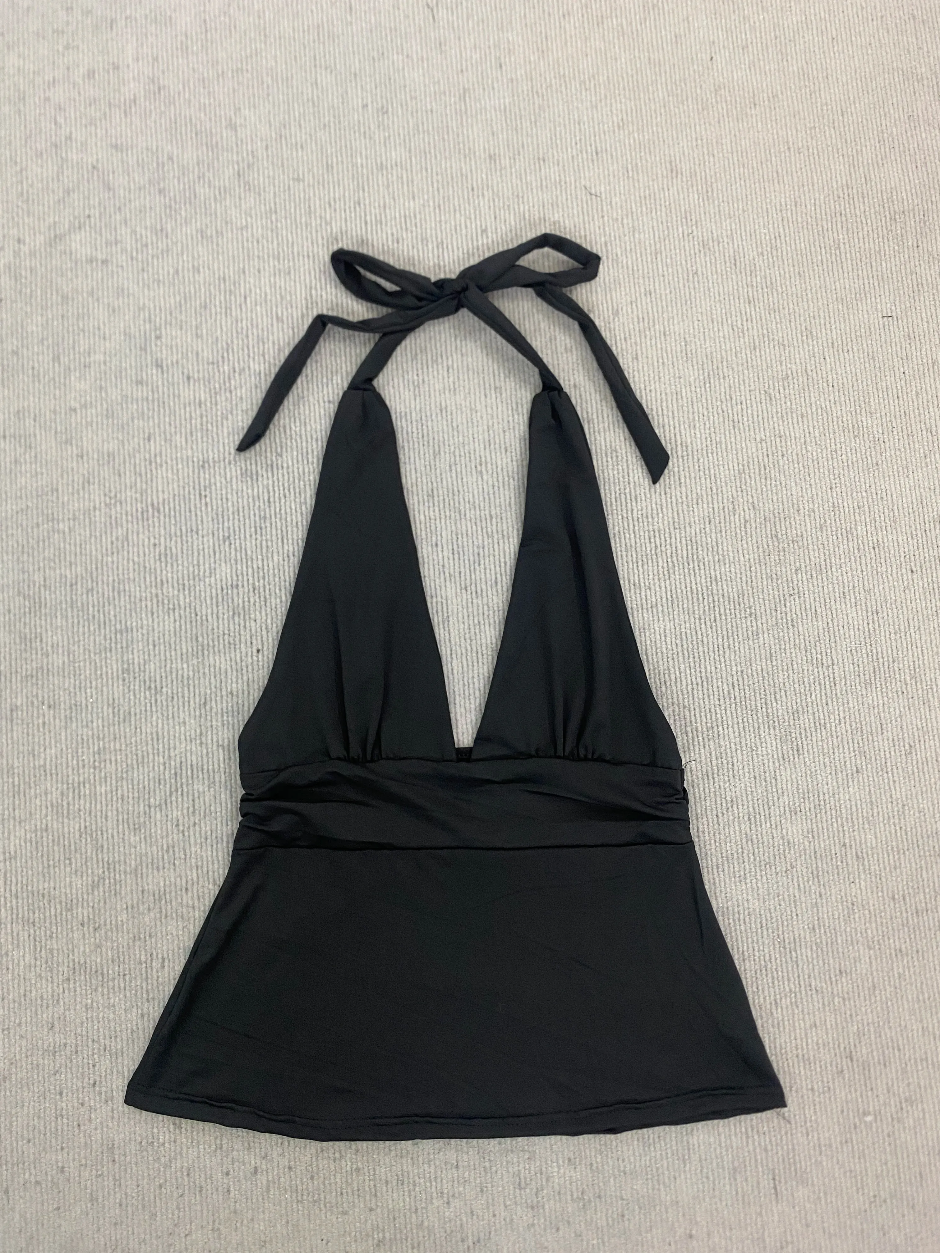 Halter Neck Tie Back Peplum Top Deep V Neck Ruched Waist Sleeveless Open Back Streetwear Party Clubwear For Women