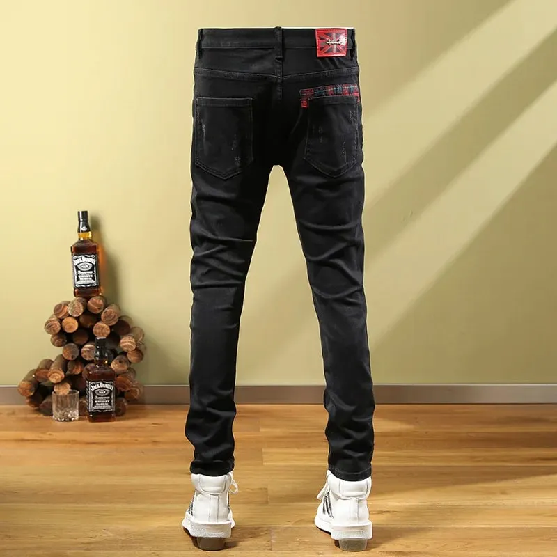 Men's Ripped Jeans with Patchwork Design Slim Fit Skinny Spring Trendy Street Motorcycle Style Black Long Pants
