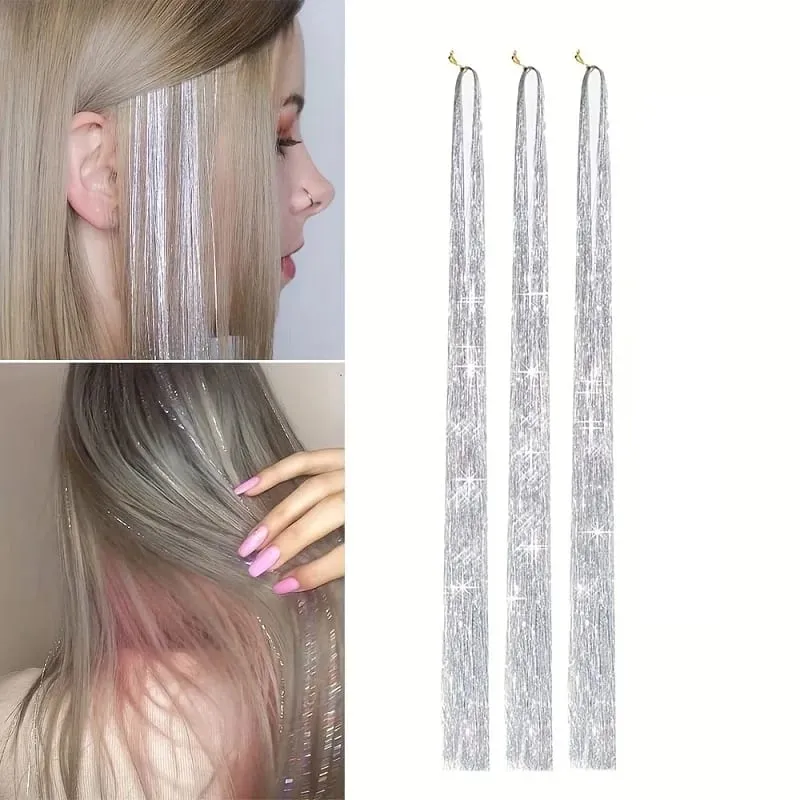 90cm Syntetisk 3st/set Regnbågsfärgat glänsande hår Laser Tinsel Långt rakt Värmebeständigt Fairy Hair Extension Party Dagligen