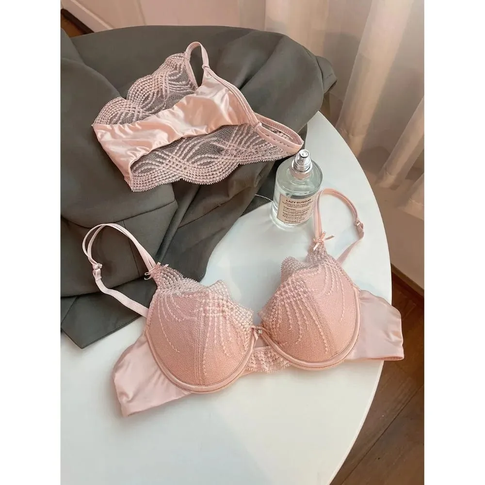 Ladies Lace Lingerie Set Pure Desire Aesthetic Deep V Thin Straps Thin Cup Soft Underwire Push‑Up Bra Underpants S-XL