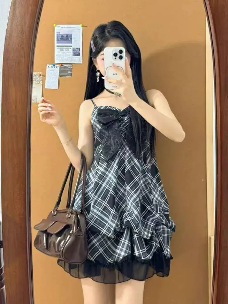2025 Japanese Vintage Style Strap Dress Women Korean Fashion Black Lace Cami Dresses Summer Sweet Patchwork New One Piece Dress