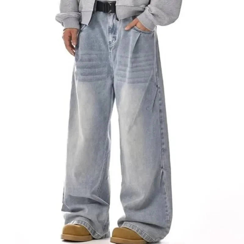 Mens Jeans Harajuku American Vintage Washed Cleanfit High Street Straight Loose Wide Leg Denim Pants Unisex Fashion Style New