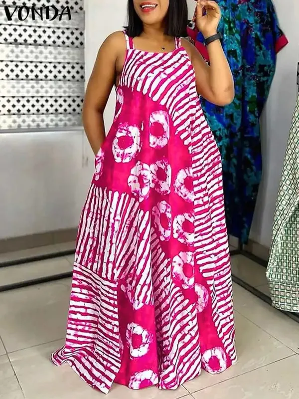 Plus Size 5XL Summer Bohemian Printed Maxi Dresses Sleeveless Party Beach Sundress Tank Long Vestido Casual Holiday Robe