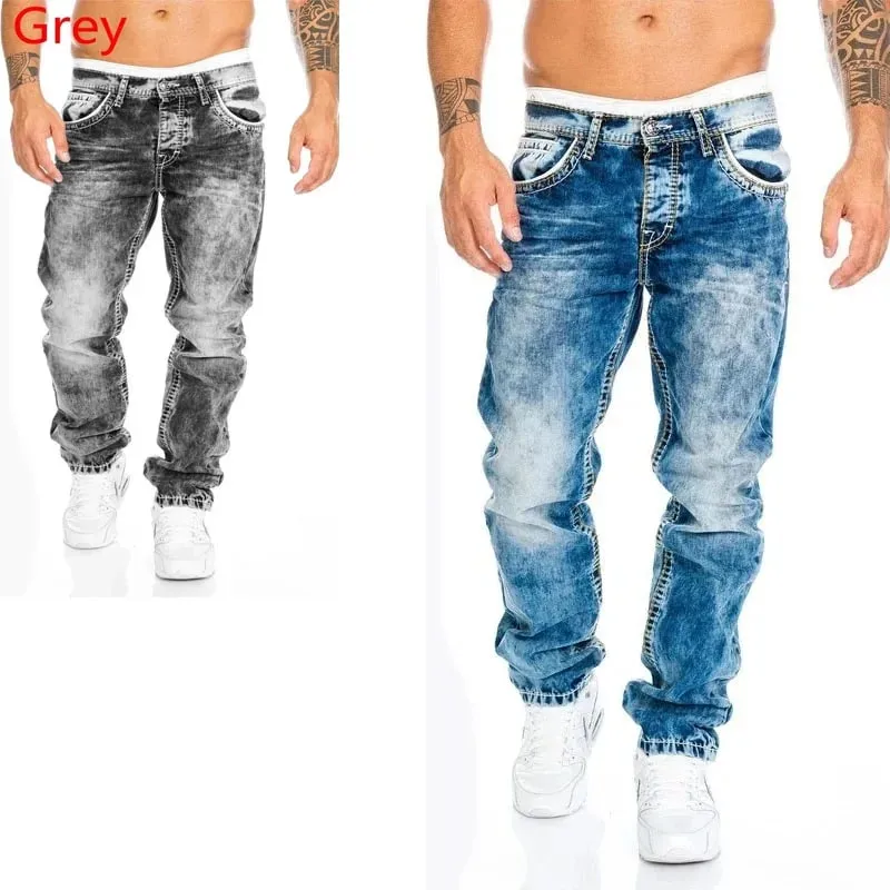 2024 Men Jeans Solid Pockets Stretch Denim Straight Pants Spring Summer Business Casual Trousers Daily Streetwear Men's Clothing