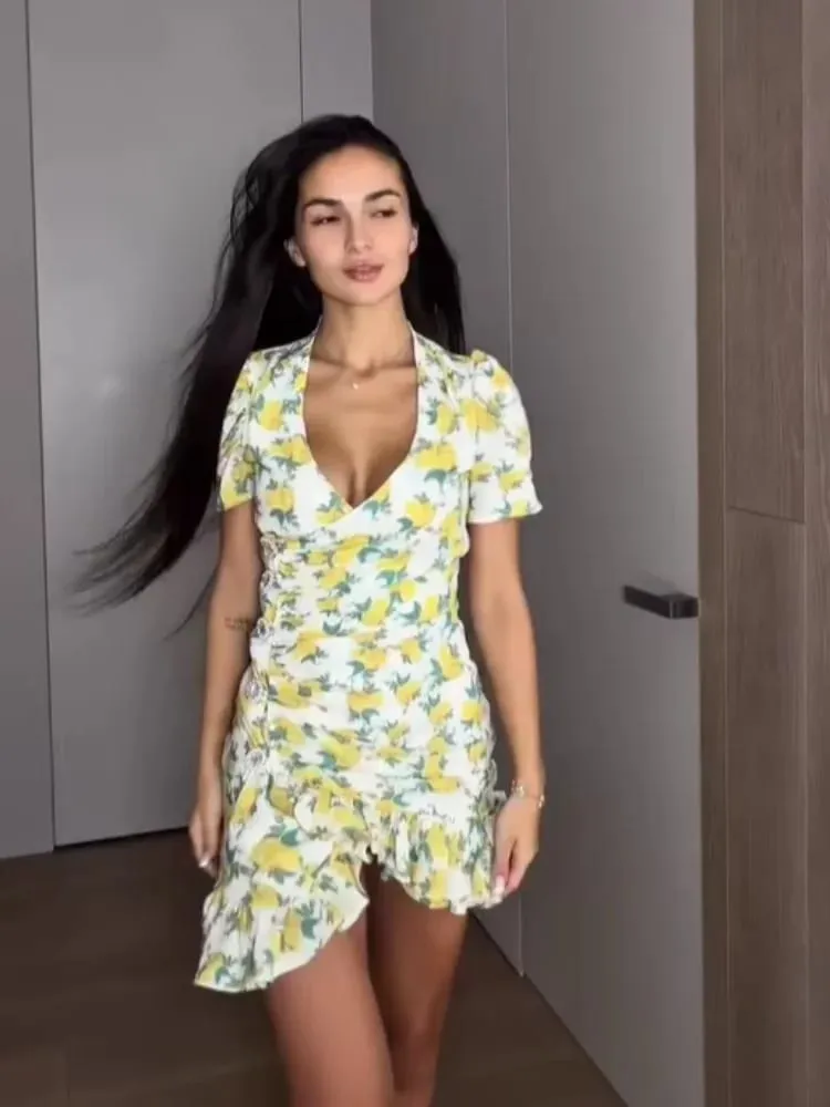 Elegant Ruffle Print Slim Short Dress Women Chic Patchwork Flared sleeves V-neck Pleated Dresses 2026 Lady Summer Casual Vestido