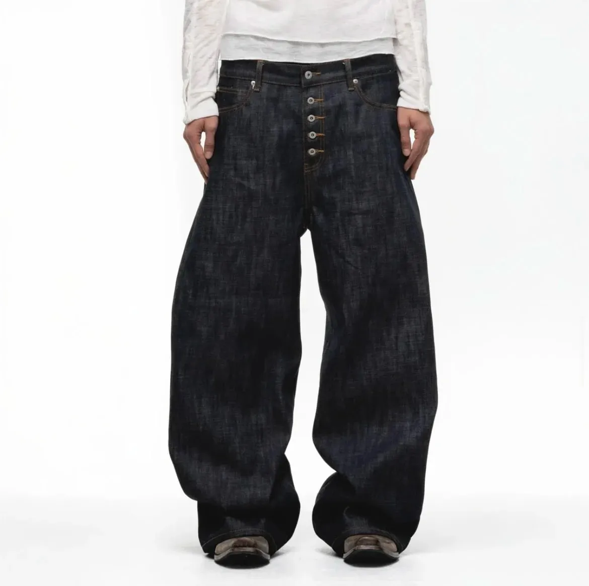 Japanese Raw Denim Loose Fit Jeans Classic Unwashed Cotton Workwear Baggy Trousers for Men