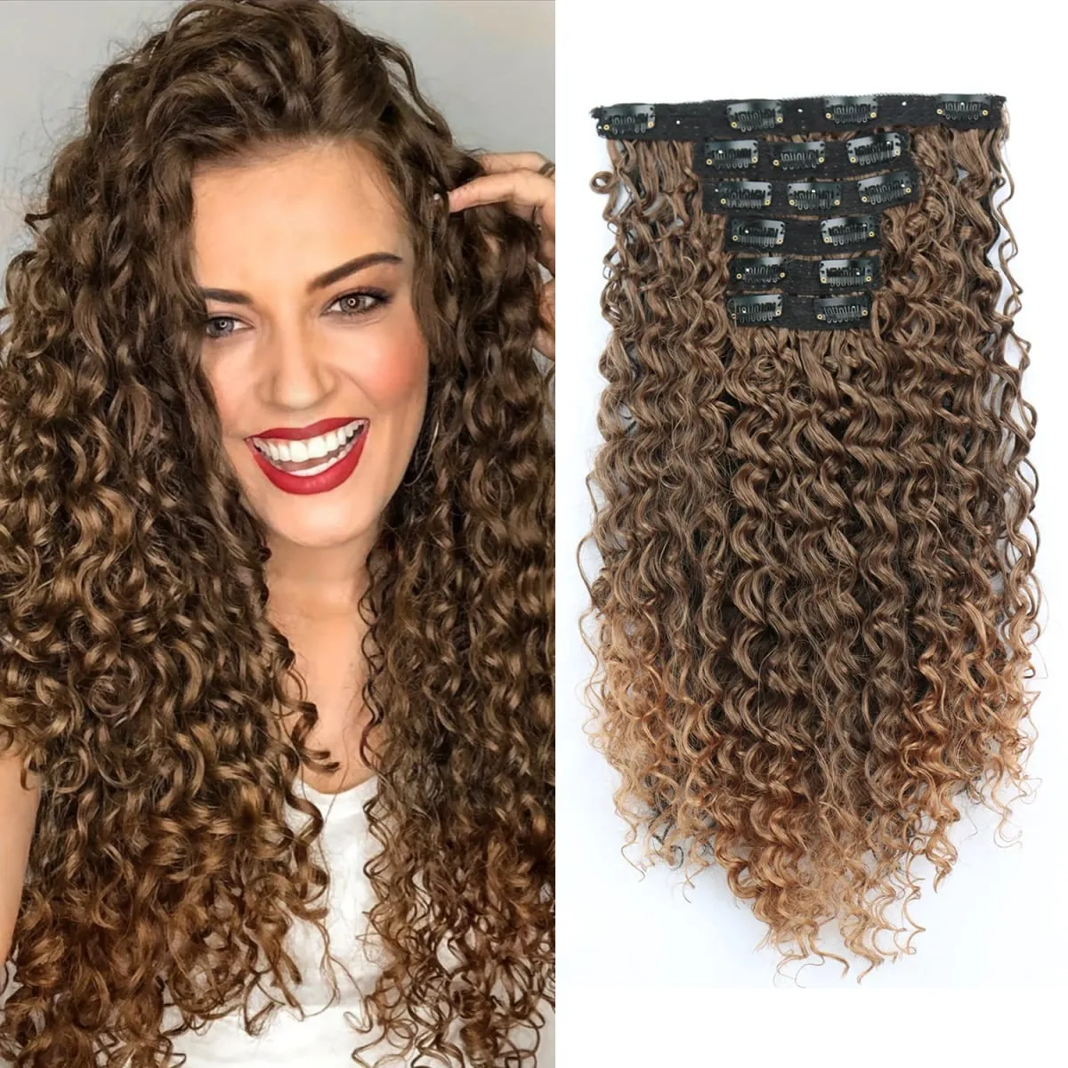 16 Clip In Hair Extensions Synthetic Kinky Curly Full Head Fake Pieces Brown Black Hair Extensions Suitable For Black Women