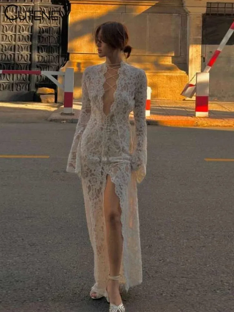 Cutenew dentelle pure femmes Robe Maxi Sexy solide mode à manches longues col rond pansement gaine robes femme superbe Robe de nuit
