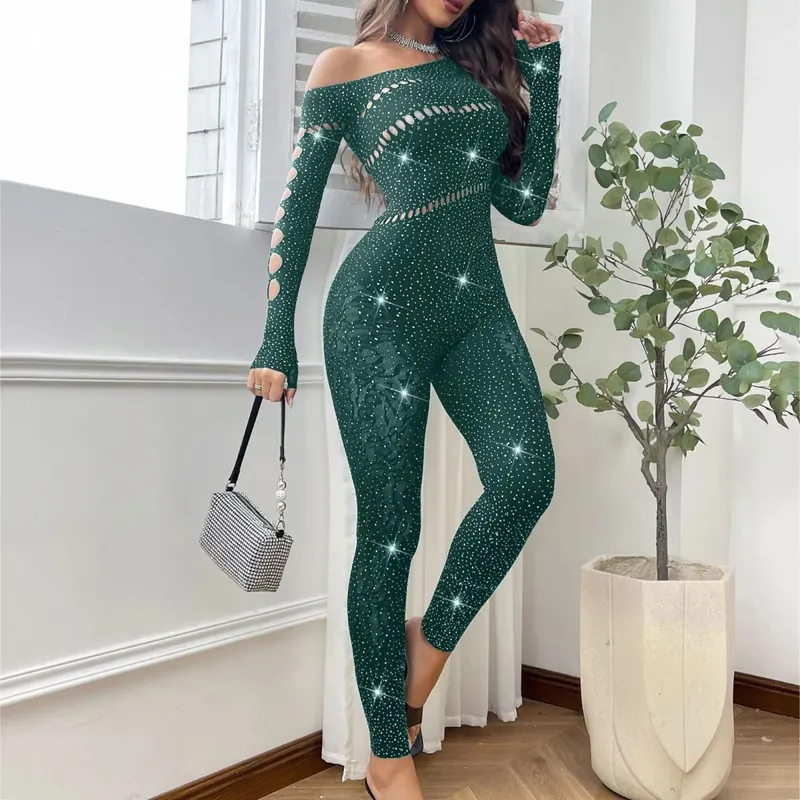 ผู้หญิงเซ็กซี่ตาข่าย Rhinestone Jumpsuit แขนยาวดูผ่านยืดถุงน่อง Jumpsuit Club PLUS ขนาดสต็อกชุดชั้นใน — image 9