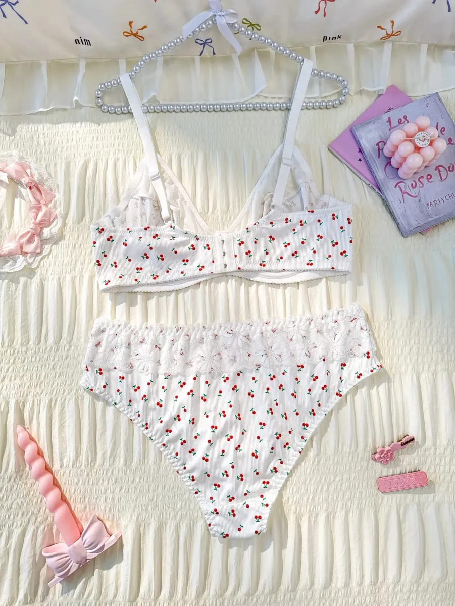Plus Size Women Cherry Pattern Lace Underwire Bra And Panty Set Adjustable Straps Soft Unpadded Breathable Lingerie Set — image 2