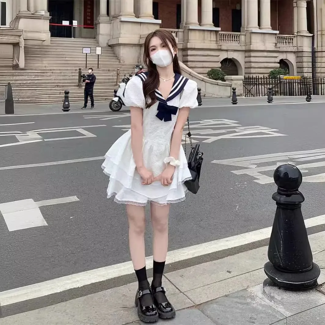 Women's White Sailor Collar Navy Bow Dresses Bubble Sleeve Tiered Ruffle Short Dress Sweet Casual Cute Style Dress