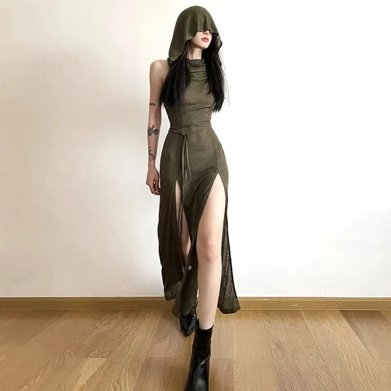 Goth Dark Cyber ​​Gothic Desert Walker Abiti con cappuccio Y2k Punk Grunge Abito longuette scolpito da donna Sexy streetwear solido con spacco laterale
