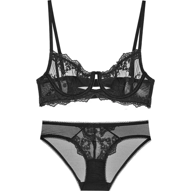 Embroidered Bralette & Panty Set for Women Ultra-Thin Comfort Underwire Support Large Size Lingerie