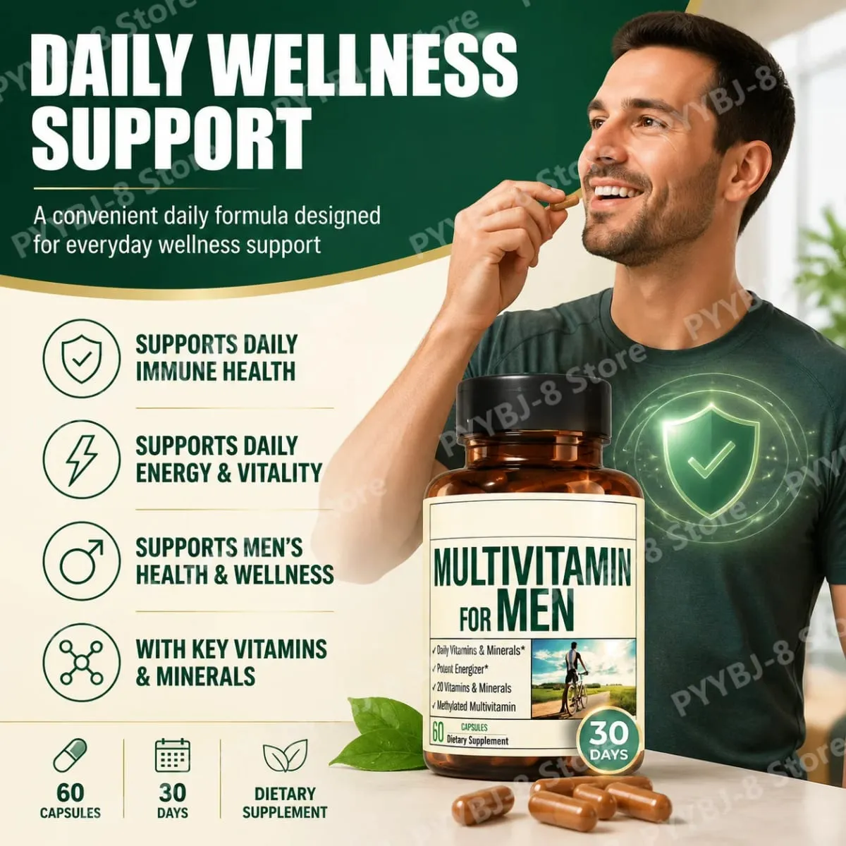 Multivitamin for Men Capsule Immune Health Support Contain Methylated Vitamins and Chelated Minerals Provide Body Energy 60count
