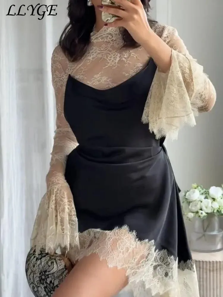 Elegant Lace Patchwork Short Dress Women See Through High Collar Flare Sleeve Party Dresses 2025 Autumn Lady Evening Robes
