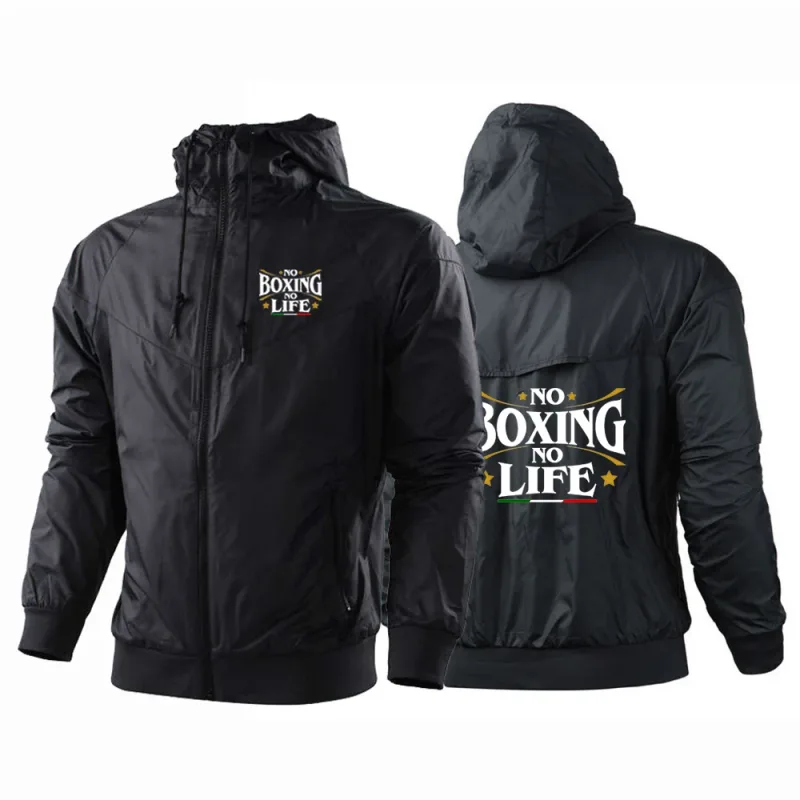 2025 No Boxing No Life Gym Pria Musim Semi dan Musim Gugur Tipis Tahan Angin Kasual Berkerudung Warna Cocok Mode Cetak Jaket Mantel