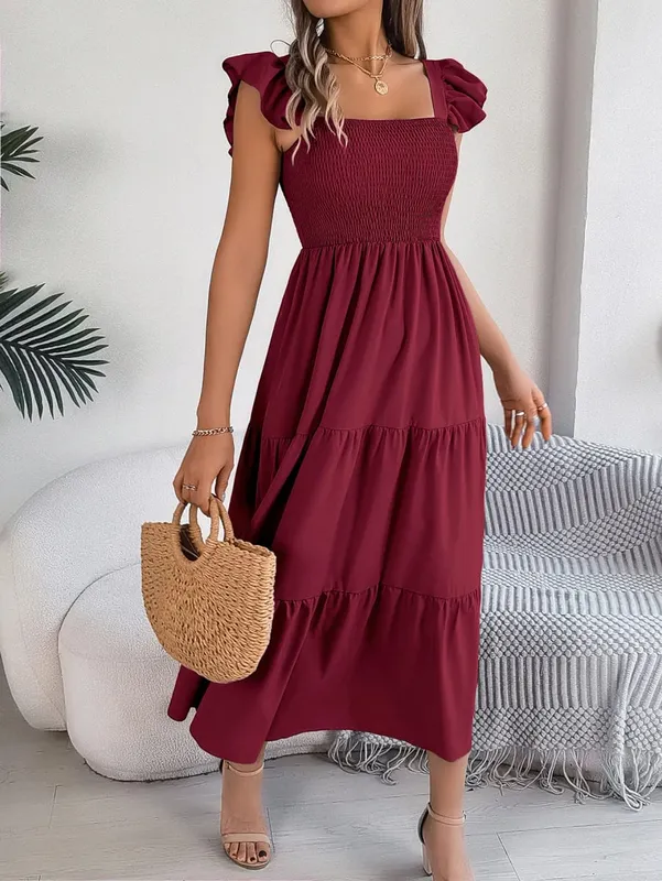 Msfilia vestido longo feminino liso sem mangas com gola quadrada evasê plissado para primavera e verão