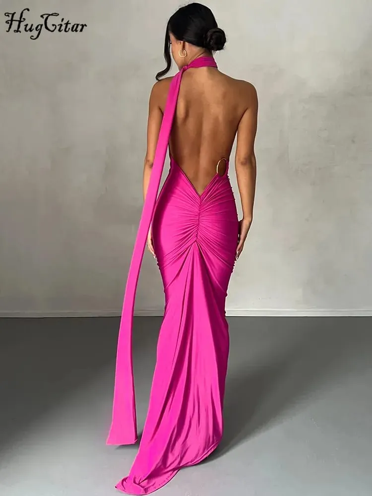 Hugcitar Een Schouder Backless Verstelbare Sjaal Lus Ruches Sexy Maxi Jurk 2025 Vrouwen Elegante Y2K Streetwear Festival Outfit — image 2