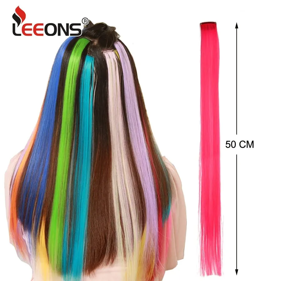 Lige farvet hårstykke Hair Extensions Clip In Highlight Regnbuehår Pink Blå Lilla Syntetisk på klips til kvinder piger — image 5