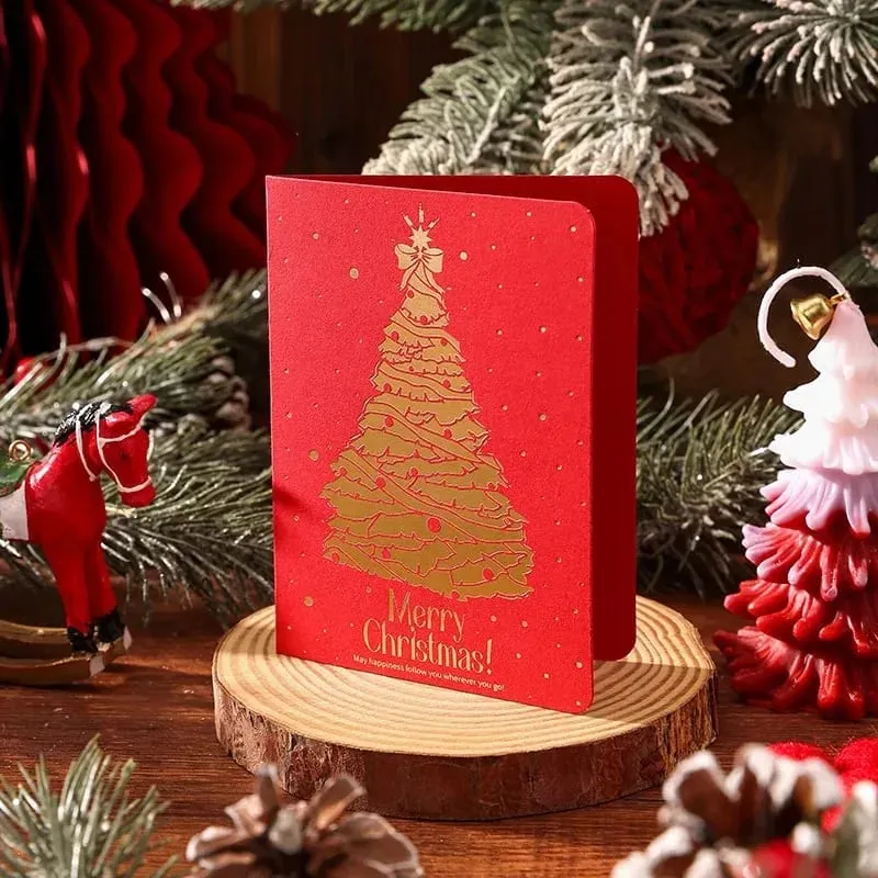 10Pcs Vintage Gold Foil Christmas Folding Greeting Cards Multi Pattern Blessing Holiday Cards New Year Postcard Gift Cards