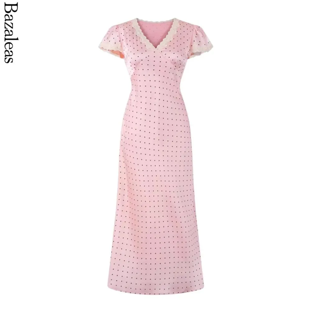 2025 vestidos con estampado de puntos rosas vestido MIDI de encaje de verano vestido Sexy con cuello en v para mujer vestido de noche de fiesta de manga corta — image 2