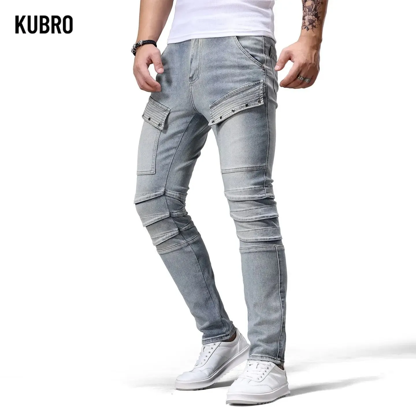 Retro Motorcycle Denim Jeans Men's Trending Patchwork Handsome Slim Fit Long Pants Fashion Board Straight Leg Jeans Denim Pants