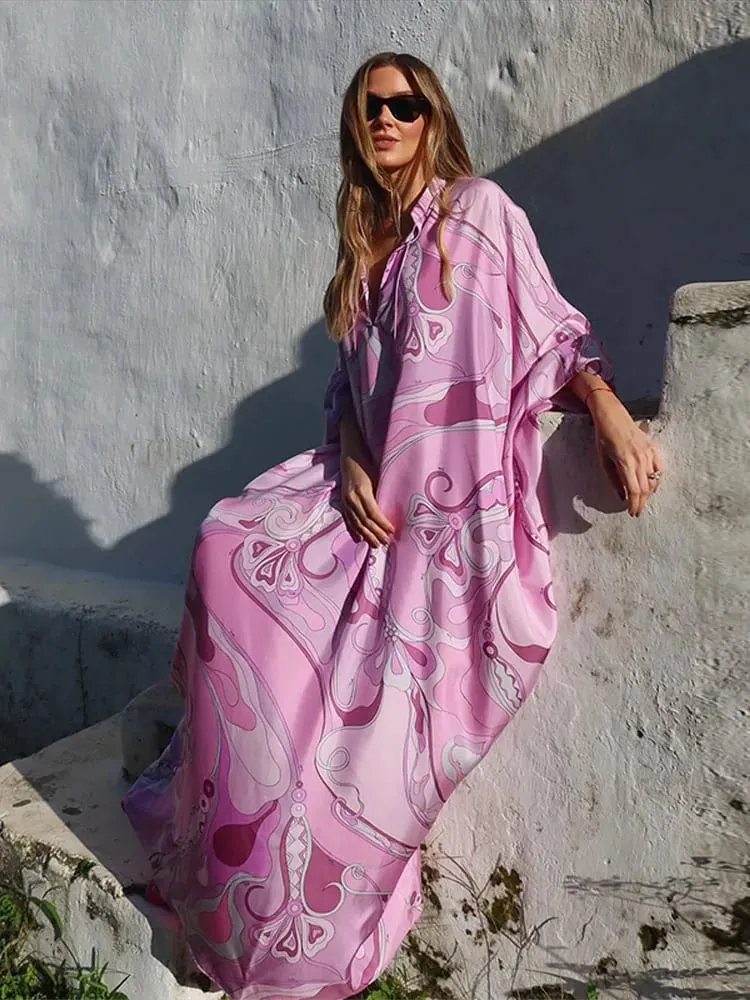 Oversized Women's Print Kaftan Maxi Dress With Pink Pattern Loose Fit Full Sleeve Long Dresses Summer Beach Vacation Outfit Robe
