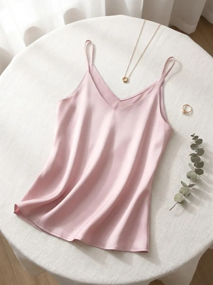 2026 Summer Spaghetti Strap Women Tank Top Halter V Neck Basic White Cami Sleeveless Satin Silk Tops Women'S Camisole