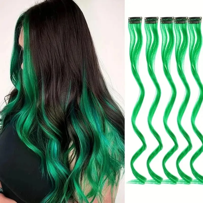 5Pcs Colored Hair Extensions Party Highlights Curly Wavy Hairpiece Clip In Synthetic Streak For Girls Women Halloween Wig