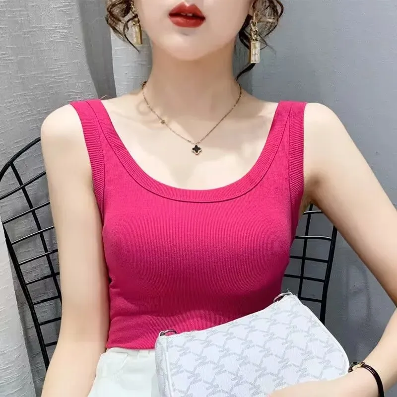 2023 Summer Women Basic Ribbed Knitted Tank Top Solid Color Sleeveless T-shirts Casual Camis Green Blue Elastic Female Tops
