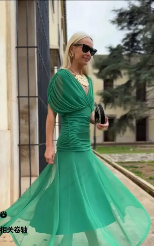 Kvinder Solid Dyb V-hals Mesh Lang Kjole Elegant Puff Kortærmet Rynket Talje Høj Vestidos 2026 Summer Lady Casual Street Robe