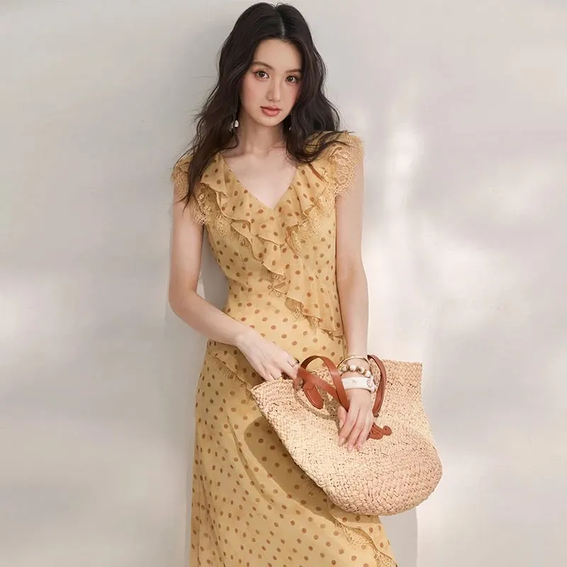 Women's Vintage Polka Dot Midi Dress 2026 Summer French V Neck Lace Ruffle Dress Sleeveless Slim Long Dresses MXF29L2745