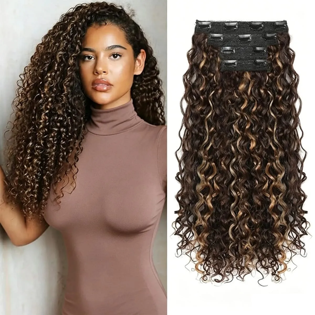 Synthetic Kinky Curly Clip On Hair Extensions Fluffy Messy Heat Resistant Fiber Black Blonde Hair Extensions For Women — image 2