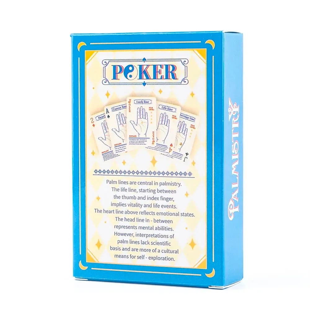 9*6cm 56-Card Palmistry Poker Deck Includes Life Heart & Wisdom Line Explanations – Blue Yin-Yang Design Backs