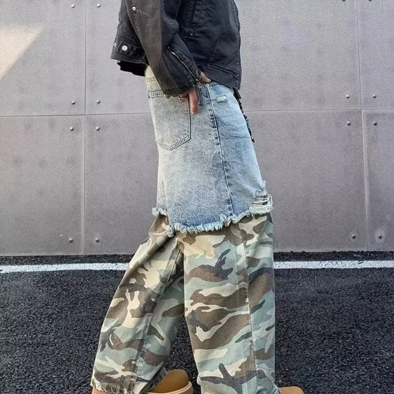 Street Patchwork Ripped Camouflage Jeans Baggy Fake Two-piece Washed Denim Trousers Vintage Y2K Camo Cargo Straight Jean Man