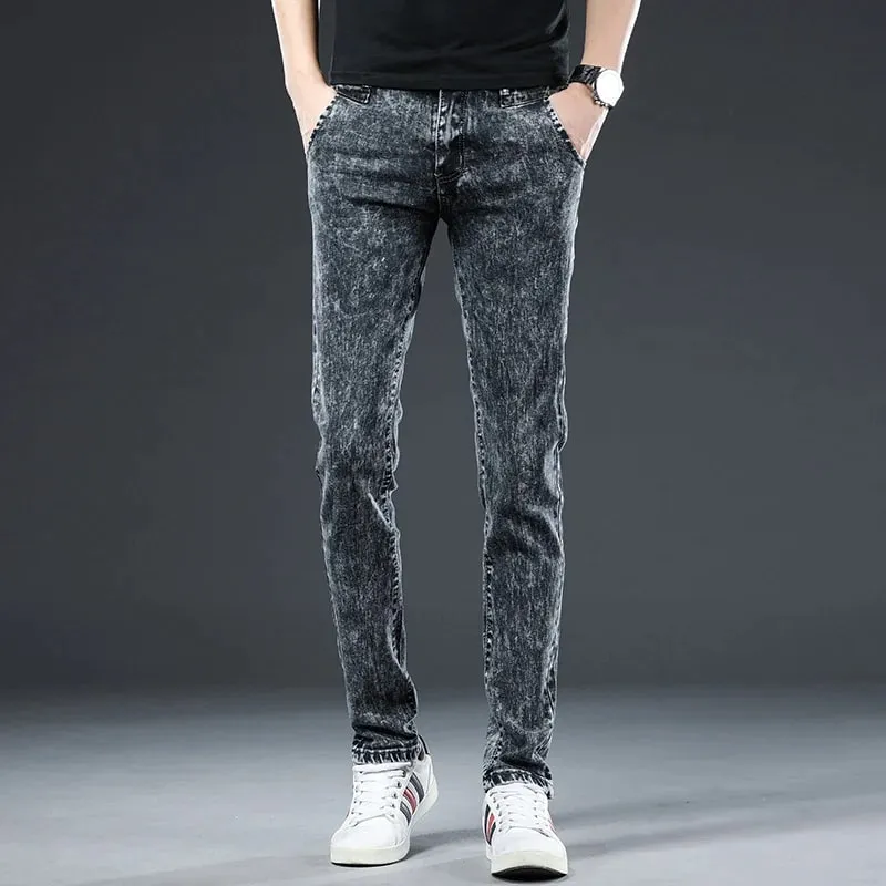 2024 Classic Korean Fashion Street Trendy Men Skinny Retro Snowflake Design Slim Fit Denim Pants New Elastic Cotton Men Jeans