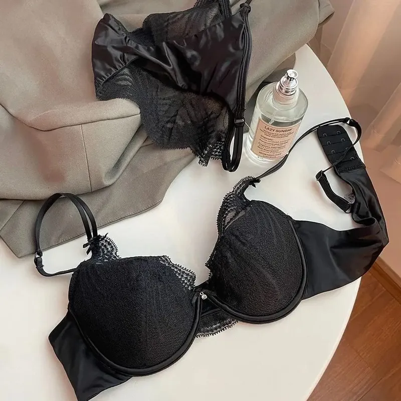 Ladies Lace Lingerie Set Pure Desire Aesthetic Deep V Thin Straps Thin Cup Soft Underwire Push‑Up Bra Underpants S-XL