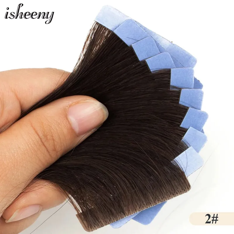 머리 확장에 Isheeny 보이지 않는 테이프 12 "16" 20 "피부 Weft 테이프 Ins 10pcs 자연 스트레이트 기계 레미 인간의 머리카락 제작 — image 9
