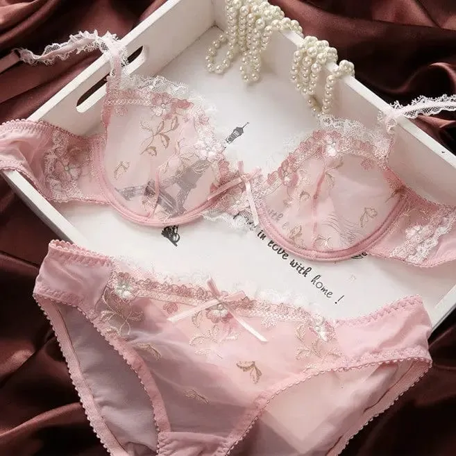French Style Unlined Bra Set | Minimizer Lace Half Cup for Large Cup Size No Padding Thin Sheer Anti-Sagging Lingerie BANERDANNI
