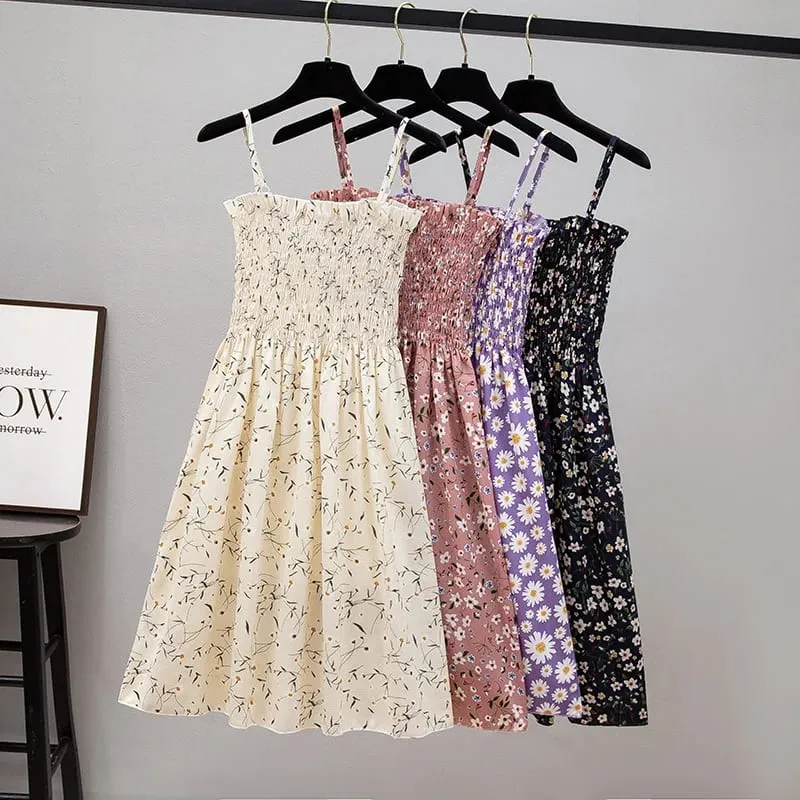 ฤดูร้อนมินิเดรสแฟชั่นหญิง Elastic High เอว Casual สปาเก็ตตี้สายคล้องคอผู้หญิงชุดชีฟอง Vestidos