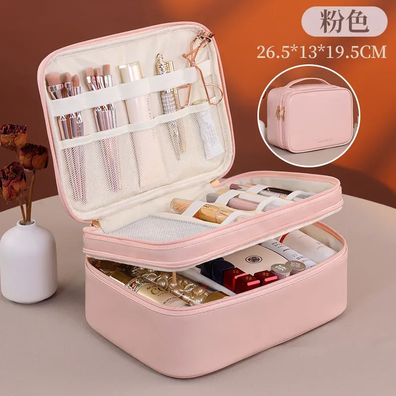 Multiple Compartments Large Capacity Cosmetic Organizer Case Portable Travel Toiletry Bag Double Layer Detachable Makeup Bag