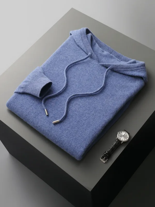 Men's 100% Merino Wool Sweater Hooded Collar Knitted Pullover Sweatshirt Autumn Winter Casual Large Tops Long Sleeved