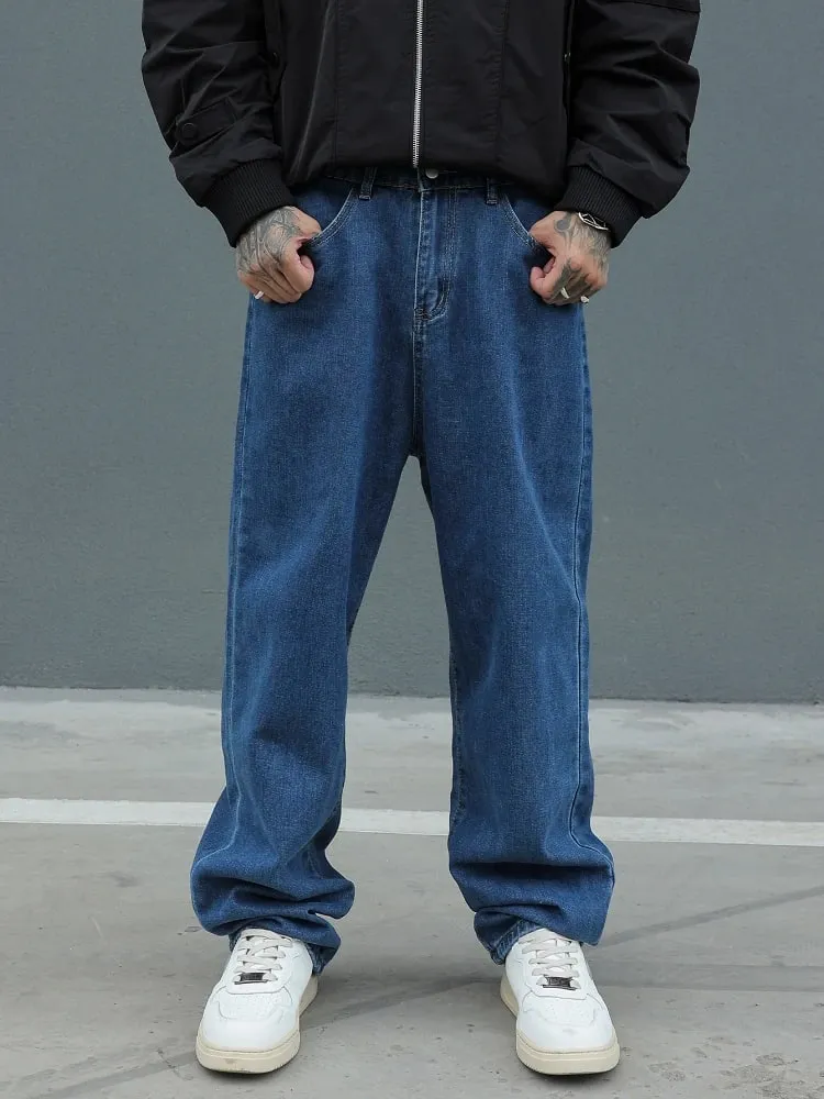 New Men's Cotton Baggy Y2K Jeans Fashion Male Clothes Elastic Waist Washed Wide Leg Pants Solid Straight Loose Denim Trousers