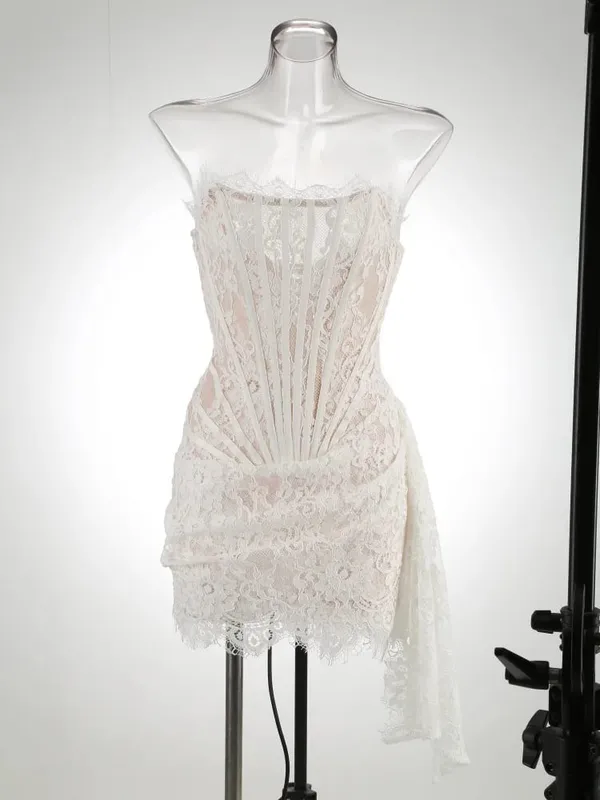 White Birthday Dress for Women Luxury 2024 Women's Elegant Dresses Autumn Pleated Evening Gowns Lace Patchwork Party Clothes