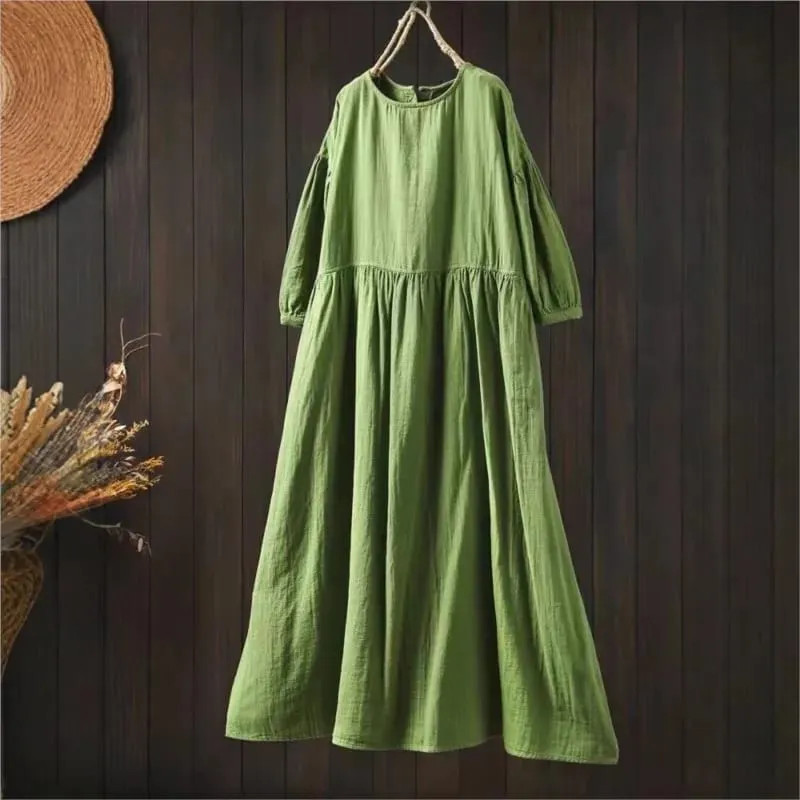 Johnature Women Vintage Cotton Dresses O-Neck Half Sleeve Soft Solid Color Robes 2025 Summer New Casual A-Line Female Dress